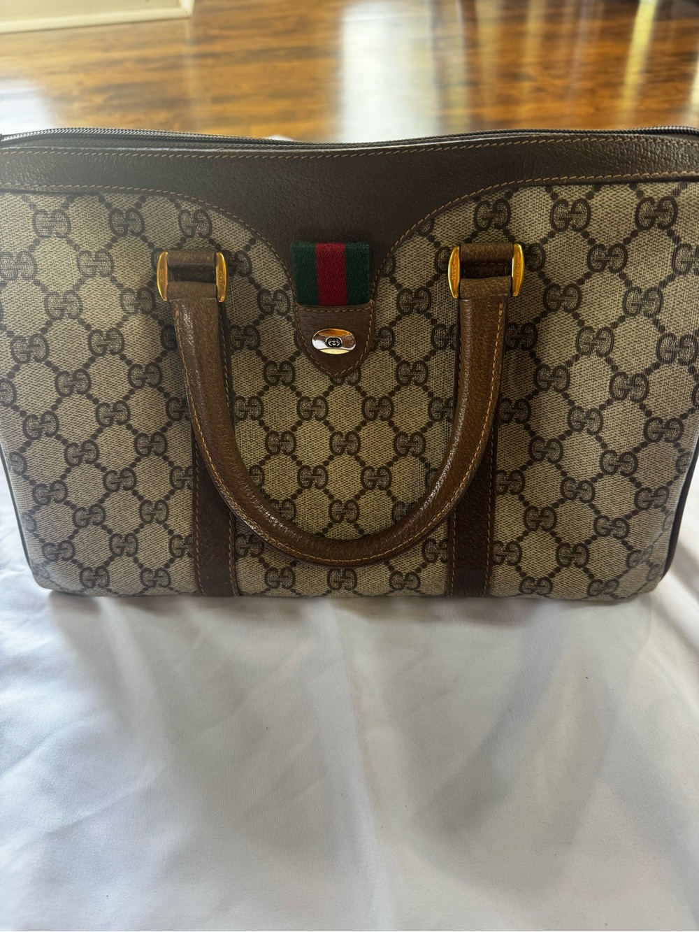 Gucci Brown Boston GG Supreme Canvas Tote with Green-Red Web Accent